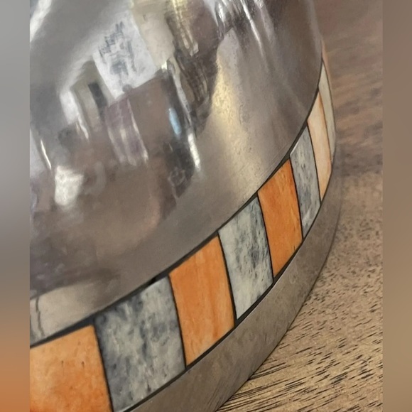 Polished Pewter Metal LARGE Bowl with Mother of Pearl Detail - Picture 5 of 8